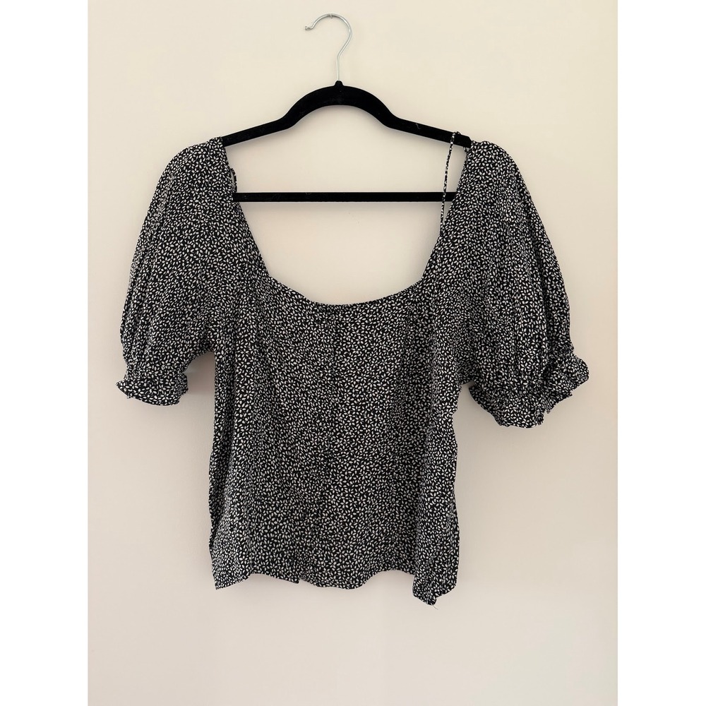 Black White Micro Floral Puff Sleeve Scoop Neck Blouse Top Cottagecore